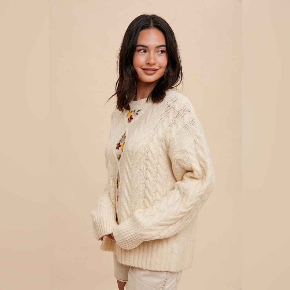 New Floral Embroidered Vanilla Cream Sweater - Picture 10 of 13